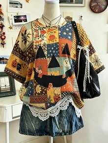 Collagica Collagica 蕾絲拼接寬鬆休閒街頭風可愛居家女款多功能T恤，橘藍配色，適合萬聖節、野餐、日常夏季穿著 - 黑色 - 查看 3