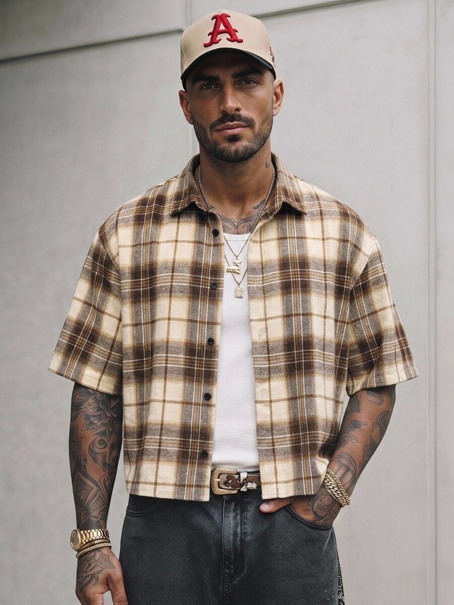 GENTILAND Men's Loose Fit PU Short Sleeve Shirt, Streetwear Inspired - Mocha Brown - View 1