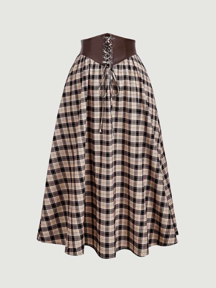 SHEIN MOD Plus Size Autumn/Winter Vintage Waist Cincher Design High Waist Plaid Skirt, Retro Academic Style, Palace High Waist Cincher Design, Casual Daily Wear, All Season - Brown - View 1