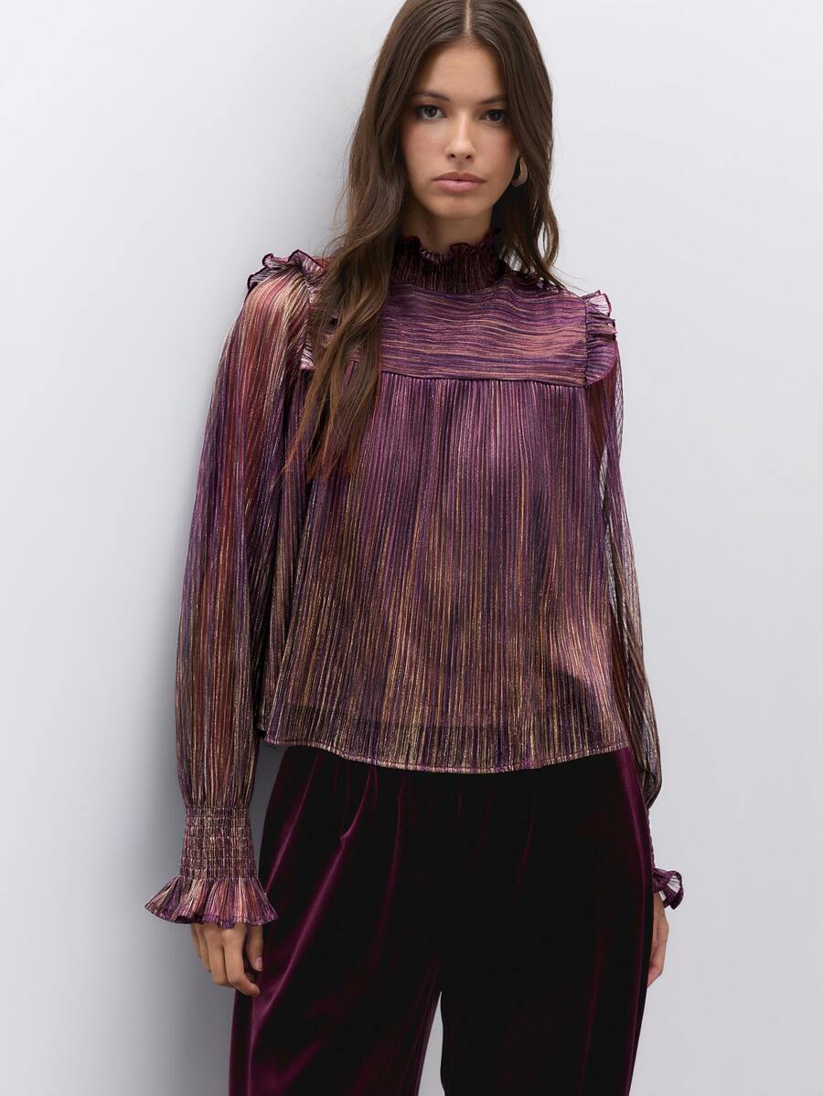 Nöista Purplish-Brown Metallic Turtleneck Long-Sleeved Shirt Ruffles, Relaxed Fit, Romantic, Subtly Luxurious,Fall Winter Parties,Dates, Festive,Luxury - Purple - View 1