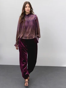 Nöista Kemeja lengan panjang turtleneck metalik ungu kecokelatan dengan ruffles, potongan longgar, romantis, mewah namun elegan, cocok untuk pesta musim gugur dan musim dingin, kencan, acara meriah, dan kemewahan. - Purple - View 5