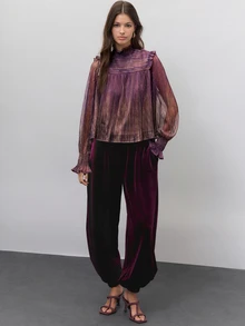 Nöista Kemeja lengan panjang turtleneck metalik ungu kecokelatan dengan ruffles, potongan longgar, romantis, mewah namun elegan, cocok untuk pesta musim gugur dan musim dingin, kencan, acara meriah, dan kemewahan. - Purple - View 3