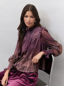 Nöista Kemeja lengan panjang turtleneck metalik ungu kecokelatan dengan ruffles, potongan longgar, romantis, mewah namun elegan, cocok untuk pesta musim gugur dan musim dingin, kencan, acara meriah, dan kemewahan. - Purple - View 1