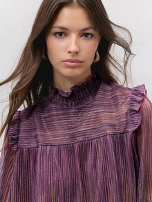 Nöista Kemeja lengan panjang turtleneck metalik ungu kecokelatan dengan ruffles, potongan longgar, romantis, mewah namun elegan, cocok untuk pesta musim gugur dan musim dingin, kencan, acara meriah, dan kemewahan. - Purple - View 7