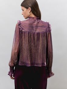 Nöista Kemeja lengan panjang turtleneck metalik ungu kecokelatan dengan ruffles, potongan longgar, romantis, mewah namun elegan, cocok untuk pesta musim gugur dan musim dingin, kencan, acara meriah, dan kemewahan. - Purple - View 6