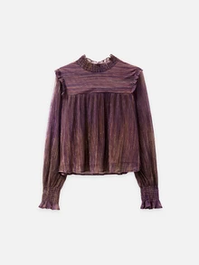 Nöista Kemeja lengan panjang turtleneck metalik ungu kecokelatan dengan ruffles, potongan longgar, romantis, mewah namun elegan, cocok untuk pesta musim gugur dan musim dingin, kencan, acara meriah, dan kemewahan. - Purple - View 9