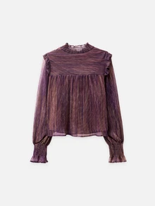 Nöista Kemeja lengan panjang turtleneck metalik ungu kecokelatan dengan ruffles, potongan longgar, romantis, mewah namun elegan, cocok untuk pesta musim gugur dan musim dingin, kencan, acara meriah, dan kemewahan. - Purple - View 8