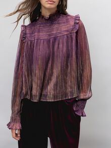 Nöista Kemeja lengan panjang turtleneck metalik ungu kecokelatan dengan ruffles, potongan longgar, romantis, mewah namun elegan, cocok untuk pesta musim gugur dan musim dingin, kencan, acara meriah, dan kemewahan. - Purple - View 2