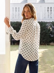 KARISMINA Women's Elegant Commute Polka Dot Print Tie Neck Blouse - White - View 6