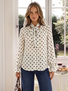 KARISMINA Women's Elegant Commute Polka Dot Print Tie Neck Blouse - White - View 4