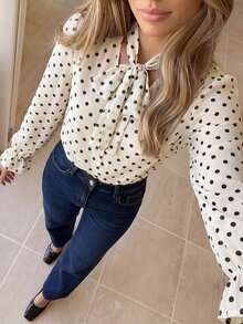 KARISMINA Women's Elegant Commute Polka Dot Print Tie Neck Blouse - White - View 2