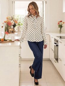 KARISMINA Women's Elegant Commute Polka Dot Print Tie Neck Blouse - White - View 7