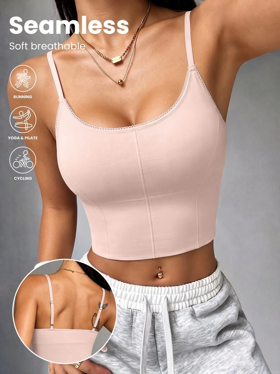 SHEIN Women's Pink Seamless Padded Camisole Sports Tank Top - Pink - View 1