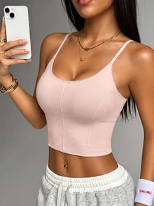 SHEIN Women's Pink Seamless Padded Camisole Sports Tank Top - Pink - View 3