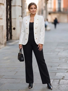 Chikora Plus Size Women Solid Color Double-Breasted Button Design Open Front Jacket Office Party White Autumn Elegant Smart - Apricot - View 3