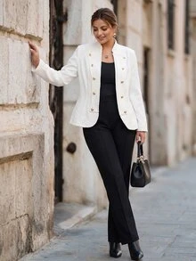 Chikora Plus Size Women Solid Color Double-Breasted Button Design Open Front Jacket Office Party White Autumn Elegant Smart - Apricot - View 6