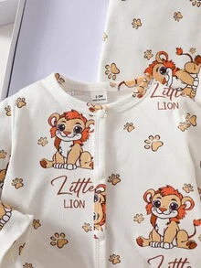 SHEIN 新生兒嬰兒5件套：連身衣+帽子+手套+圍兜+包巾，四季穿著，小獅子圖案長袖連身衣，前扣鈕扣設計，穿脫方便，可愛休閒風，柔軟面料，適合滿月禮物、出生賀禮禮盒組，嬰兒中性服飾 - 白色 - 查看 6