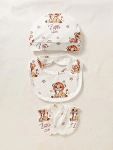 SHEIN 新生兒嬰兒5件套：連身衣+帽子+手套+圍兜+包巾，四季穿著，小獅子圖案長袖連身衣，前扣鈕扣設計，穿脫方便，可愛休閒風，柔軟面料，適合滿月禮物、出生賀禮禮盒組，嬰兒中性服飾 - 白色 - 查看 11