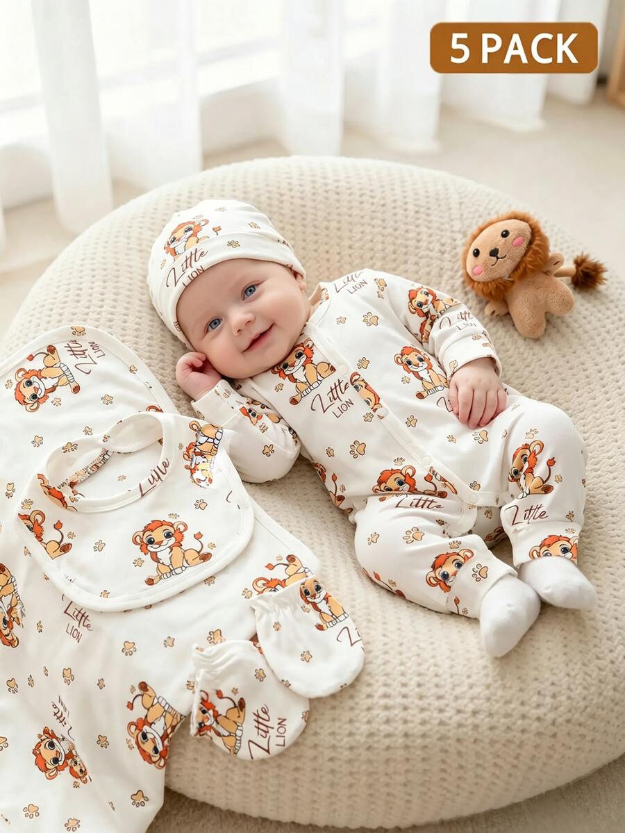 SHEIN 新生兒嬰兒5件套：連身衣+帽子+手套+圍兜+包巾，四季穿著，小獅子圖案長袖連身衣，前扣鈕扣設計，穿脫方便，可愛休閒風，柔軟面料，適合滿月禮物、出生賀禮禮盒組，嬰兒中性服飾