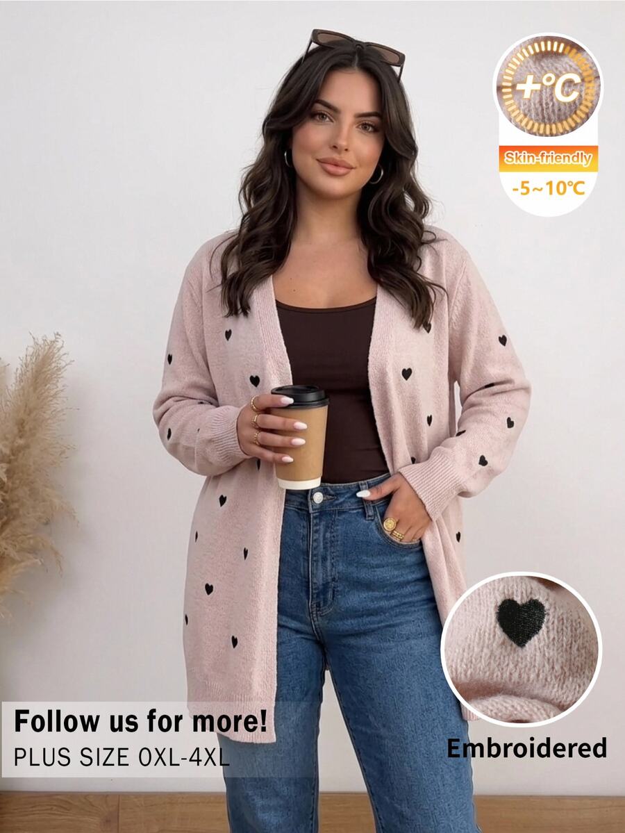 CosyJoli Cardigan Wanita Ukuran Besar Motif Hati Kasual Serbaguna untuk Pemakaian Sehari-hari - Aprikot - View 1