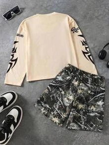 SHEIN Coolqubz 1套青少年男孩街頭風創意圖案印花長袖上衣搭配短褲，適中厚度，休閒秋季套裝 - 卡其色 - 查看 2
