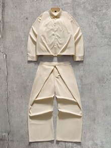 AXEPEAK Men's Casual Versatile Solid Color Shirt And Pants Set - Apricot - View 11