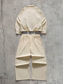 AXEPEAK Men's Casual Versatile Solid Color Shirt And Pants Set - Apricot - View 2