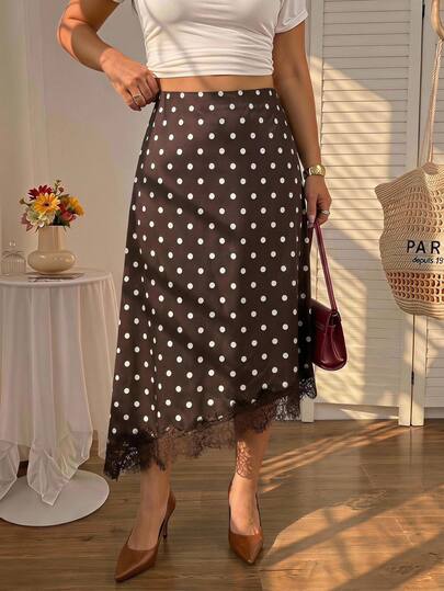 SHEIN MOD Plus Size Coffee Brown Polka Dot Print Lace Trim Diagonal Cut Skirt, Early Summer, Elegant Office Formal Brunch Commute Wear, Young Lady, Date Night