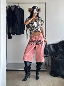 StreetHx Low Waist Printed Denim Capri Pants - Pink - View 7