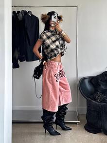 StreetHx Low Waist Printed Denim Capri Pants - Pink - View 4