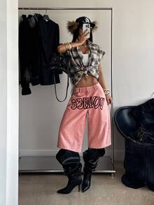 StreetHx Low Waist Printed Denim Capri Pants - Pink - View 8