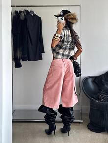 StreetHx Low Waist Printed Denim Capri Pants - Pink - View 2