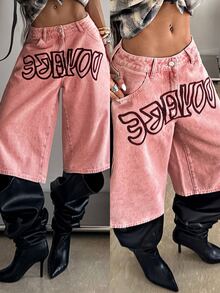 StreetHx Low Waist Printed Denim Capri Pants - Pink - View 1
