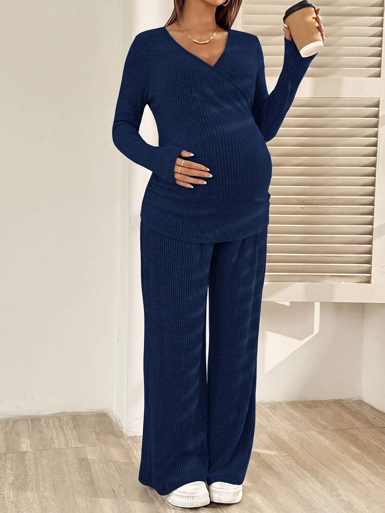 SHEIN Autumn Casual Solid Color Top & Pants Nursing 2 Pieces Set - Navy Blue - View 3
