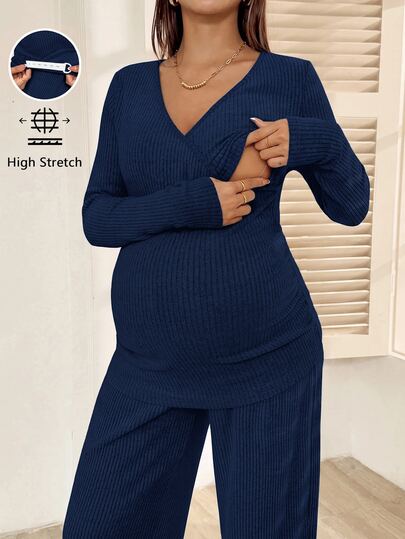 SHEIN Autumn Casual Solid Color Top & Pants Nursing 2 Pieces Set Fall