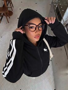 SHEIN 青少年女孩黑白膠帶與標誌刺繡休閒寬鬆夾克，返校季 - 淺灰色 - 查看 12