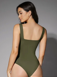 Silquee Solid Tank Bodysuit - Army Green - View 2