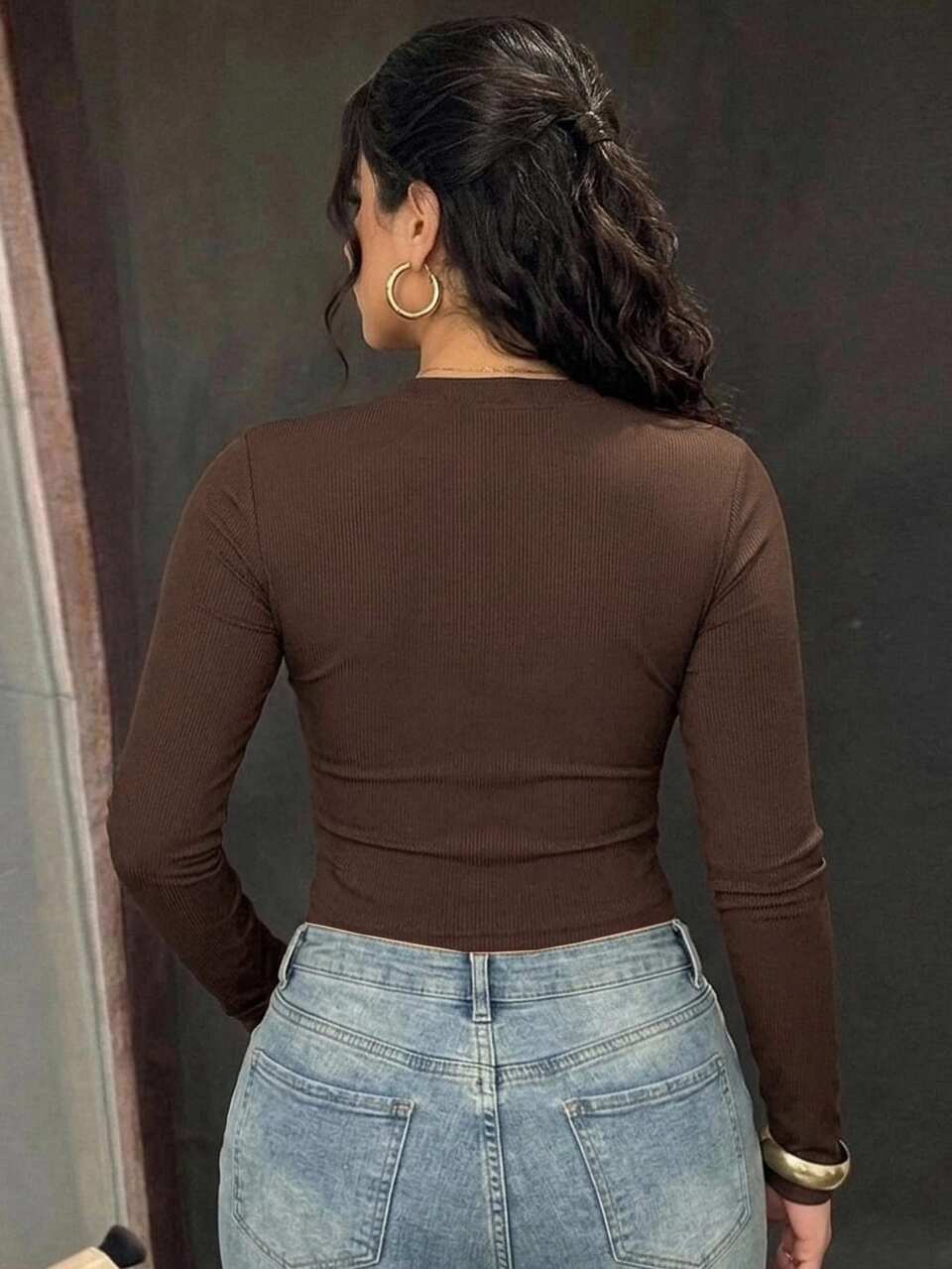 Dazy Plus Plus Size Solid Color Round Neck Fitted Short Long Sleeve Zipper Front Tight Sexy Style Spring Autumn Jacket