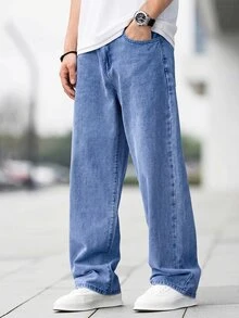 SHEIN 青少年男童时尚休闲浅灰色牛仔基本款简约宽松直筒牛仔裤，柔软舒适，适合日常穿着，四季皆宜。 - 深色水洗藍 - 查看 3