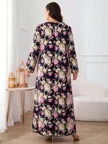 Al Najma 大尺碼女款優雅花卉印花寬鬆阿拉伯風洋裝 - 黑色 - 查看 2