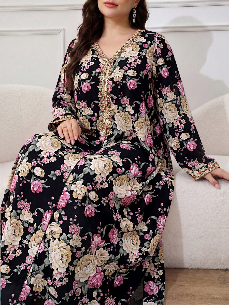 Al Najma 大尺碼女款優雅花卉印花寬鬆阿拉伯風洋裝 - 黑色 - 查看 1