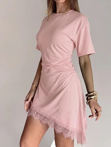 Aloruh Women's Elegant Round Neck Asymmetrical Hem Lace Patchwork Waist-Cinching Short Sleeve Mini Dress - Baby Pink - View 3