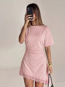 Aloruh Women's Elegant Round Neck Asymmetrical Hem Lace Patchwork Waist-Cinching Short Sleeve Mini Dress - Baby Pink - View 1