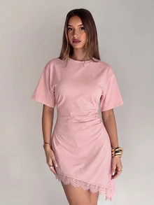 Aloruh Women's Elegant Round Neck Asymmetrical Hem Lace Patchwork Waist-Cinching Short Sleeve Mini Dress - Baby Pink - View 6