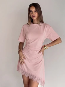 Aloruh Women's Elegant Round Neck Asymmetrical Hem Lace Patchwork Waist-Cinching Short Sleeve Mini Dress - Baby Pink - View 7