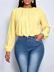 SOLERSUN Plus Size Women's Elegant Versatile Daily Minimalist Ruched Blouse, Suitable For All Seasons, Casual Commute, Streetwear, Vacation Travel, Beach Holiday Style, First Choice For Daily - Yellow - View 5