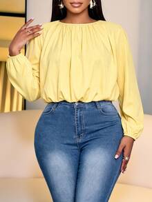 SOLERSUN Plus Size Women's Elegant Versatile Daily Minimalist Ruched Blouse, Suitable For All Seasons, Casual Commute, Streetwear, Vacation Travel, Beach Holiday Style, First Choice For Daily - Yellow - View 3