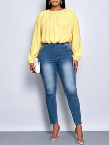 SOLERSUN Plus Size Women's Elegant Versatile Daily Minimalist Ruched Blouse, Suitable For All Seasons, Casual Commute, Streetwear, Vacation Travel, Beach Holiday Style, First Choice For Daily - Yellow - View 4