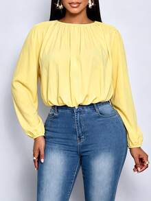 SOLERSUN Plus Size Women's Elegant Versatile Daily Minimalist Ruched Blouse, Suitable For All Seasons, Casual Commute, Streetwear, Vacation Travel, Beach Holiday Style, First Choice For Daily - Yellow - View 6