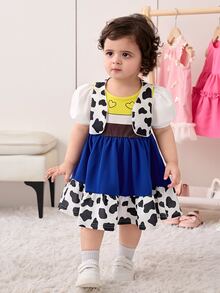 SHEIN Babygirl 可爱夏季奶牛图案背心夹克、拼色心形印花连衣裙和帽子三件套服装 - 棕色 - 查看 4
